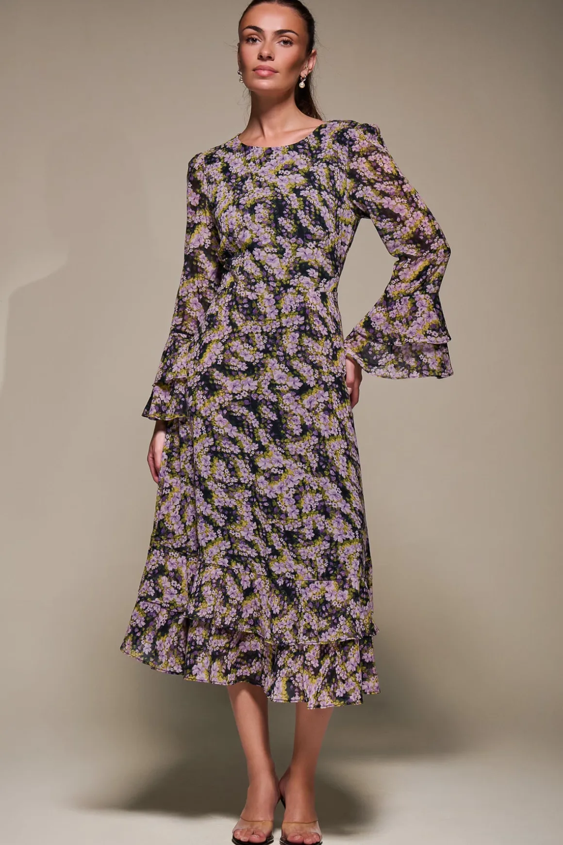 Long Sleeve Chiffon Print Frill Midaxi Dress, Purple Multi