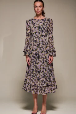Long Sleeve Chiffon Print Frill Midaxi Dress, Purple Multi