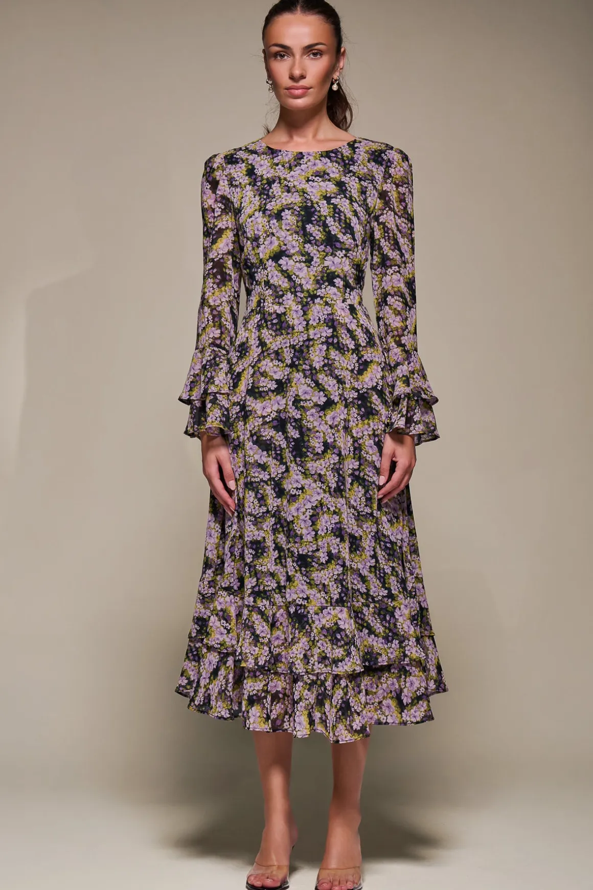 Long Sleeve Chiffon Print Frill Midaxi Dress, Purple Multi
