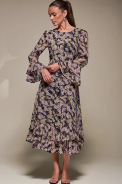 Long Sleeve Chiffon Print Frill Midaxi Dress, Purple Multi