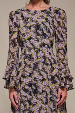 Long Sleeve Chiffon Print Frill Midaxi Dress, Purple Multi