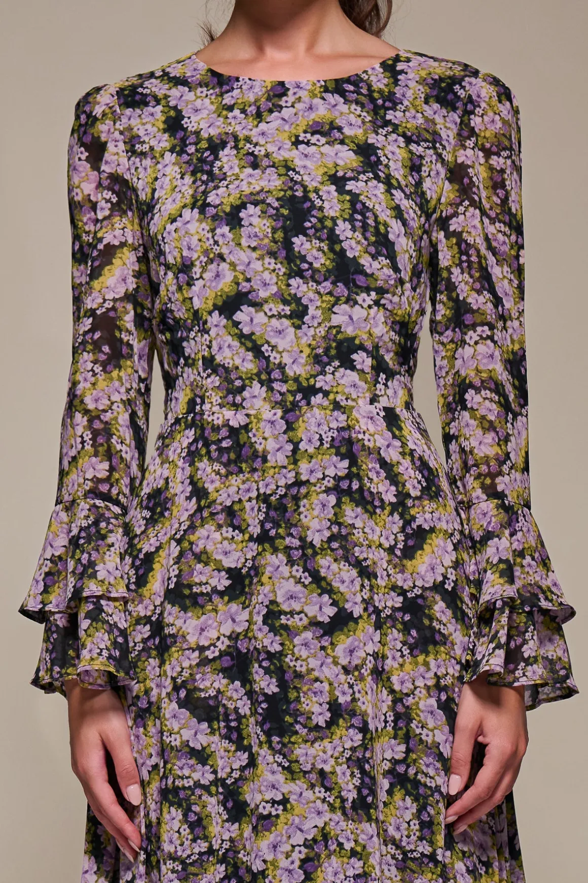 Long Sleeve Chiffon Print Frill Midaxi Dress, Purple Multi