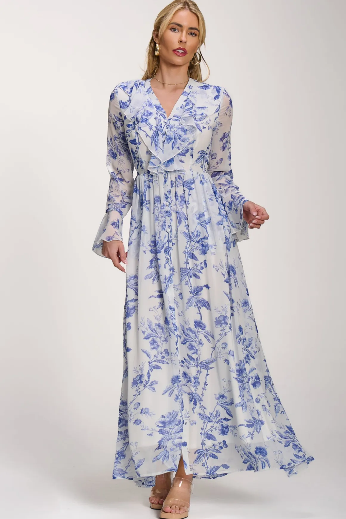 Long Sleeve Chiffon Ruffle Maxi Dress, Blue Floral