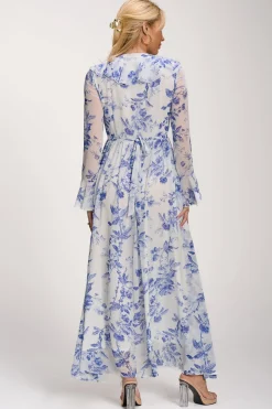 Long Sleeve Chiffon Ruffle Maxi Dress, Blue Floral