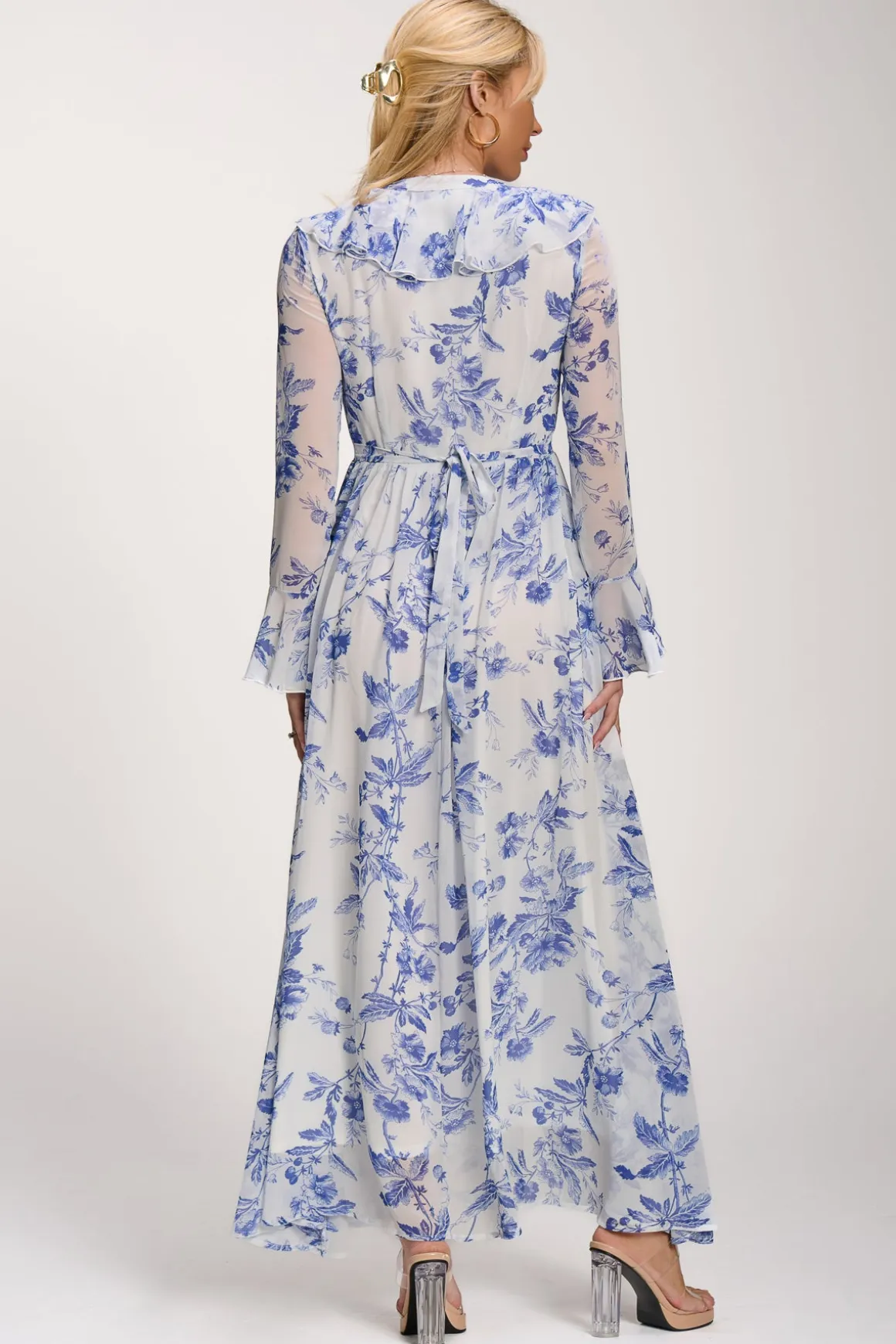Long Sleeve Chiffon Ruffle Maxi Dress, Blue Floral