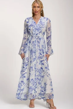 Long Sleeve Chiffon Ruffle Maxi Dress, Blue Floral