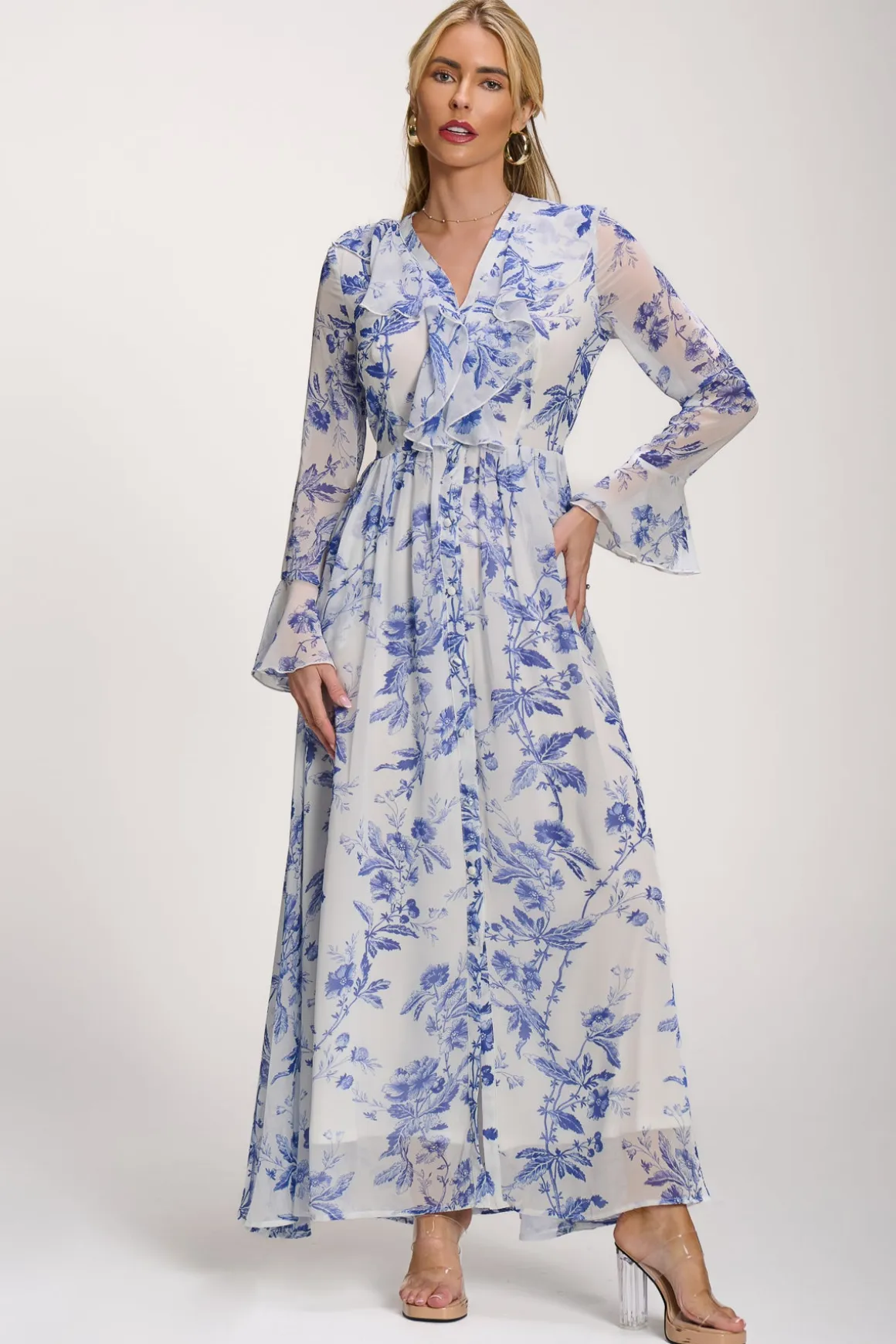Long Sleeve Chiffon Ruffle Maxi Dress, Blue Floral