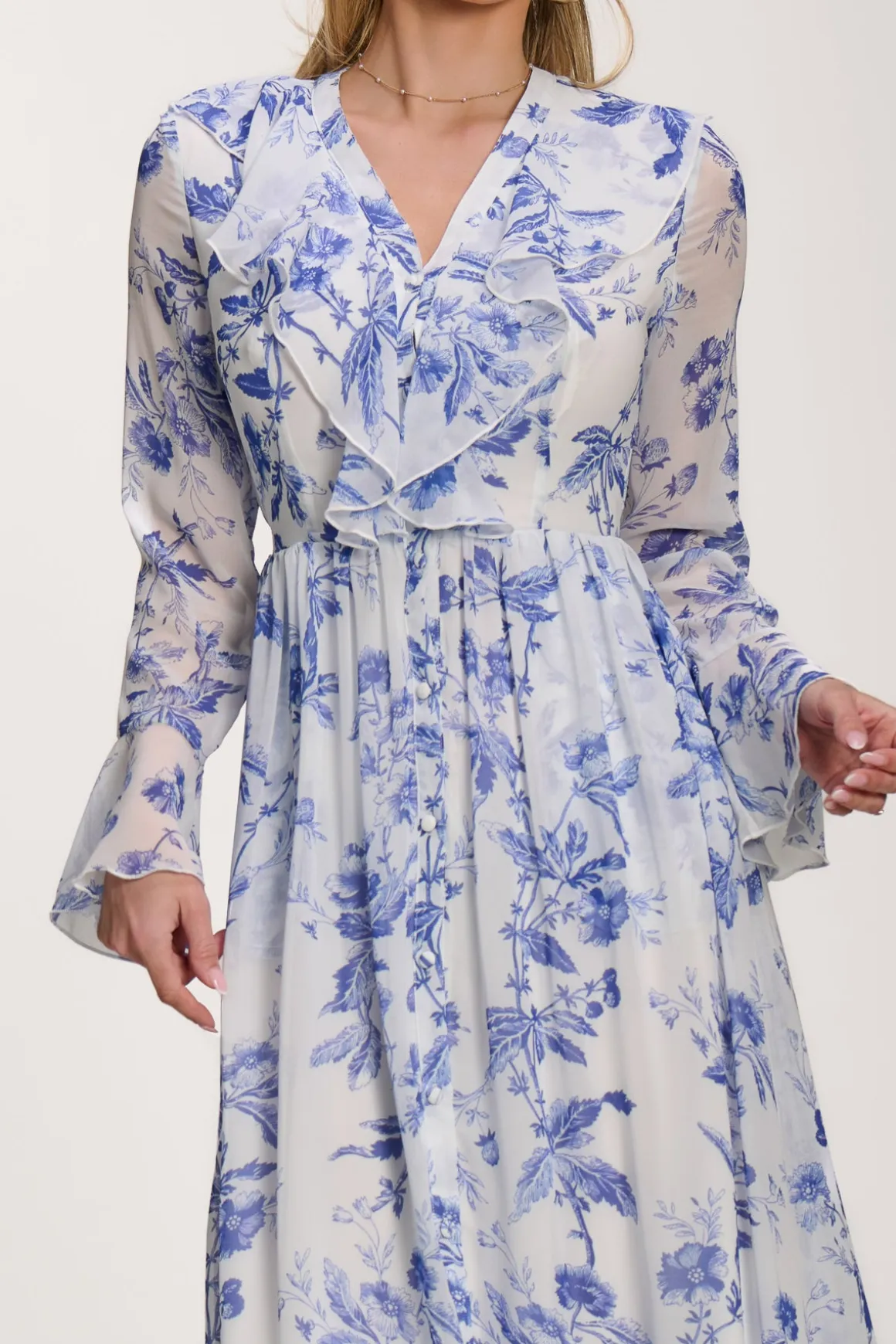 Long Sleeve Chiffon Ruffle Maxi Dress, Blue Floral