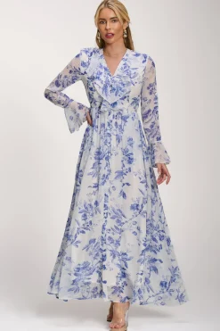 Long Sleeve Chiffon Ruffle Maxi Dress, Blue Floral