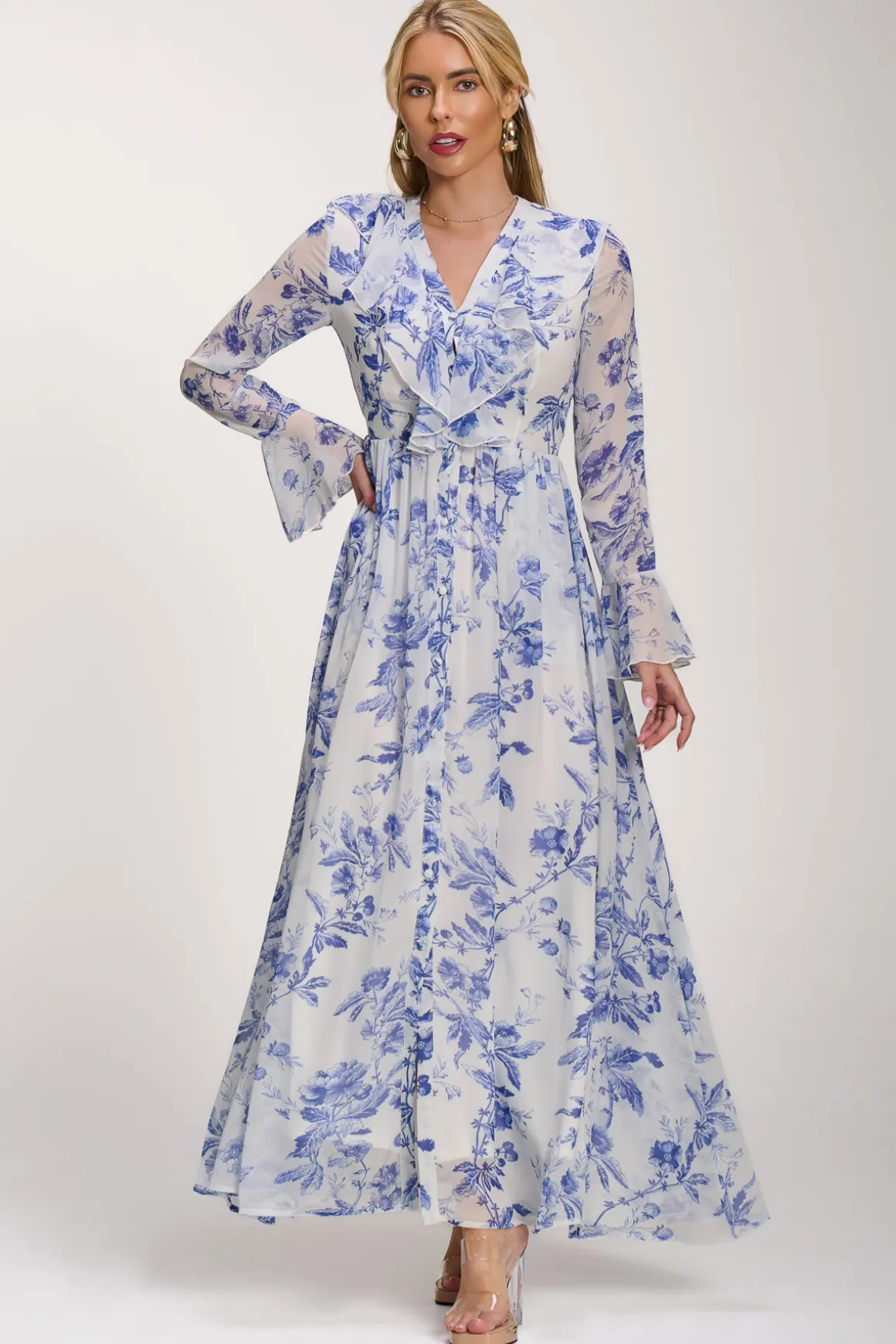 Long Sleeve Chiffon Ruffle Maxi Dress, Blue Floral