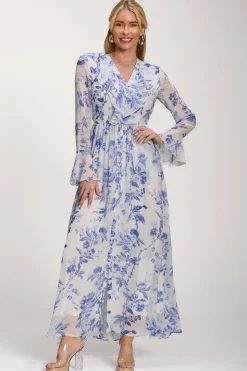 Long Sleeve Chiffon Ruffle Maxi Dress, Blue Floral