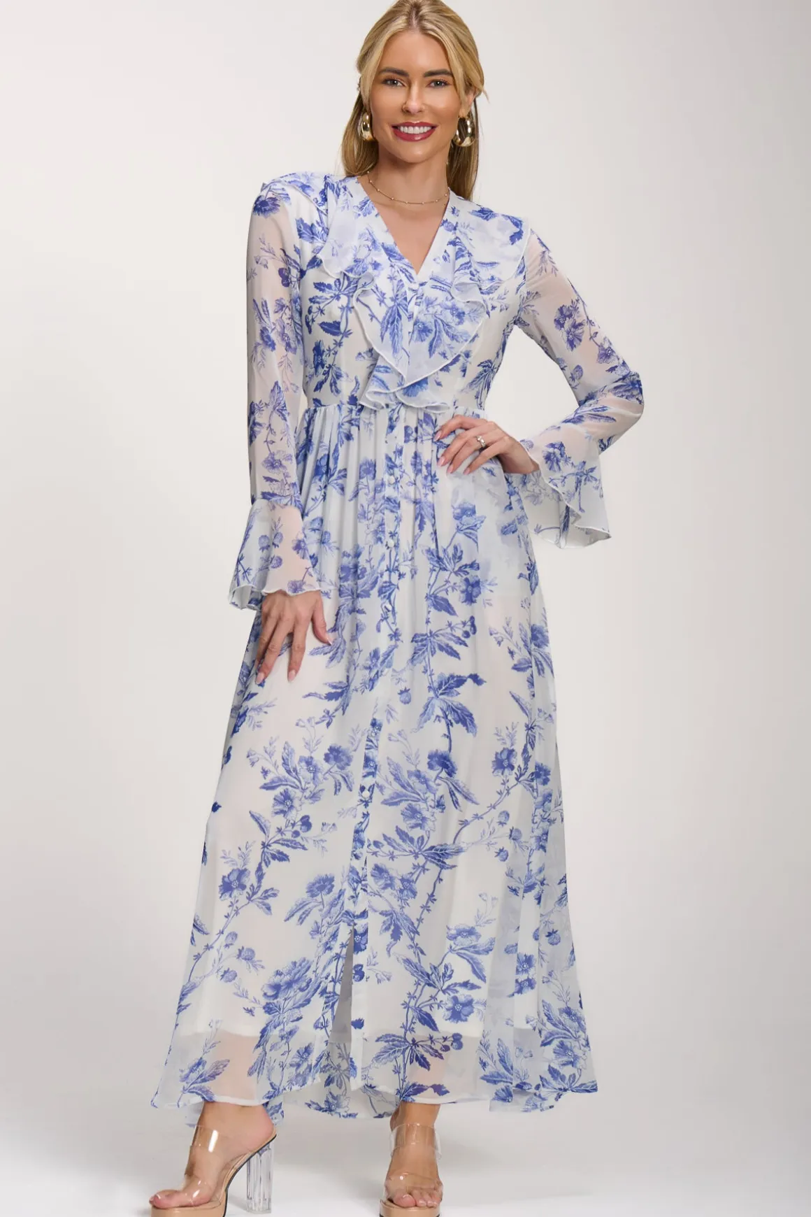 Long Sleeve Chiffon Ruffle Maxi Dress, Blue Floral