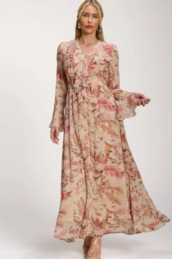 Long Sleeve Chiffon Ruffle Maxi Dress, Orange Multi