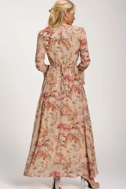 Long Sleeve Chiffon Ruffle Maxi Dress, Orange Multi