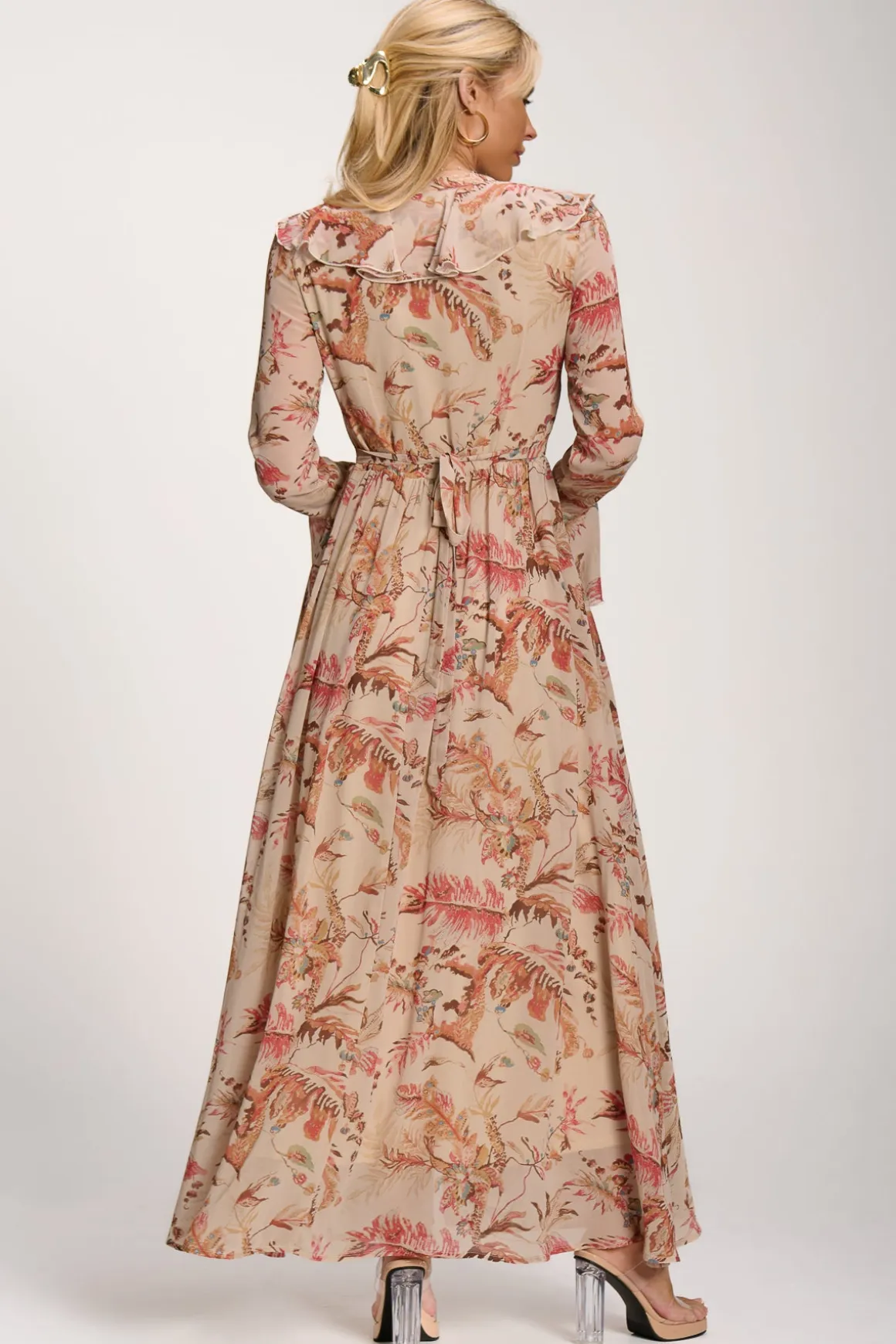 Long Sleeve Chiffon Ruffle Maxi Dress, Orange Multi