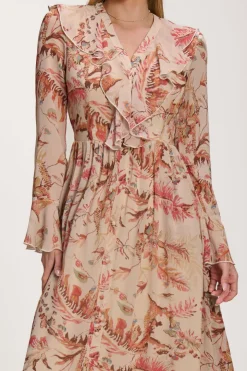 Long Sleeve Chiffon Ruffle Maxi Dress, Orange Multi