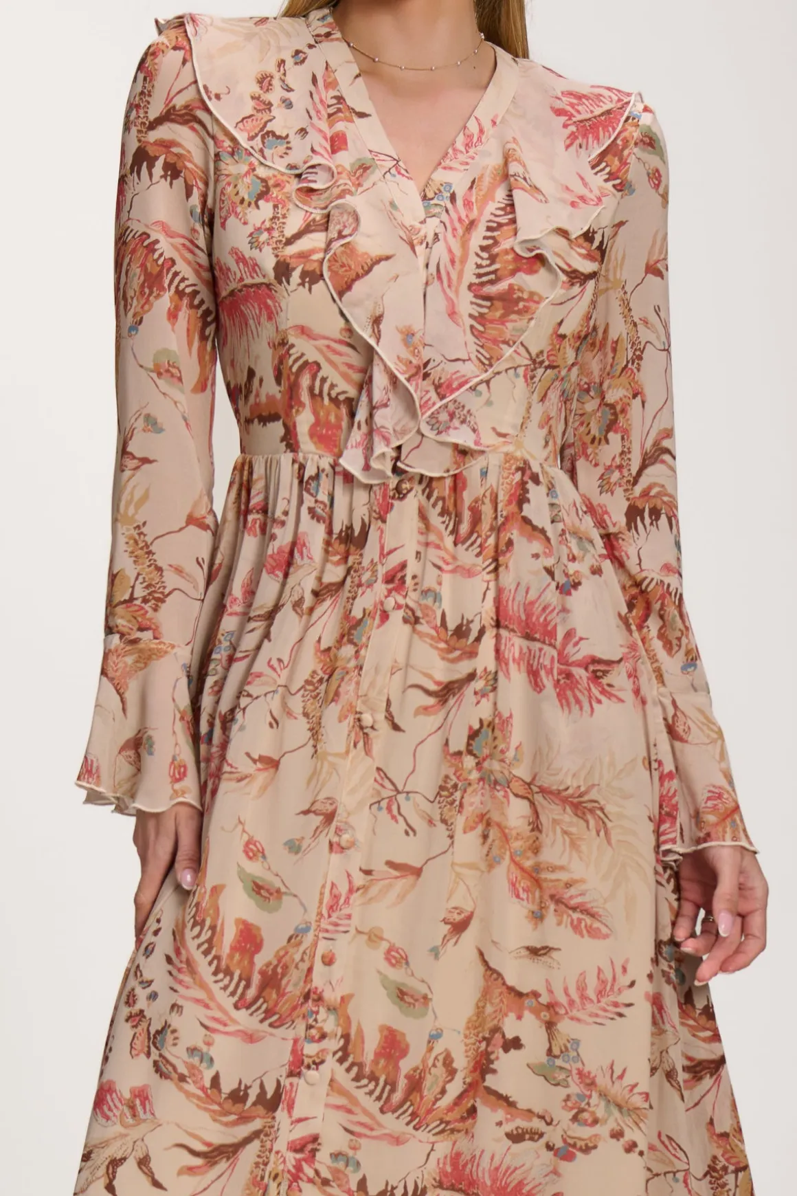 Long Sleeve Chiffon Ruffle Maxi Dress, Orange Multi