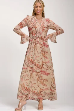 Long Sleeve Chiffon Ruffle Maxi Dress, Orange Multi