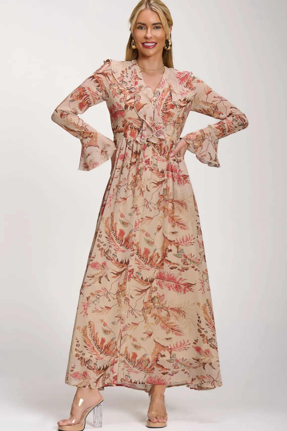 Long Sleeve Chiffon Ruffle Maxi Dress, Orange Multi