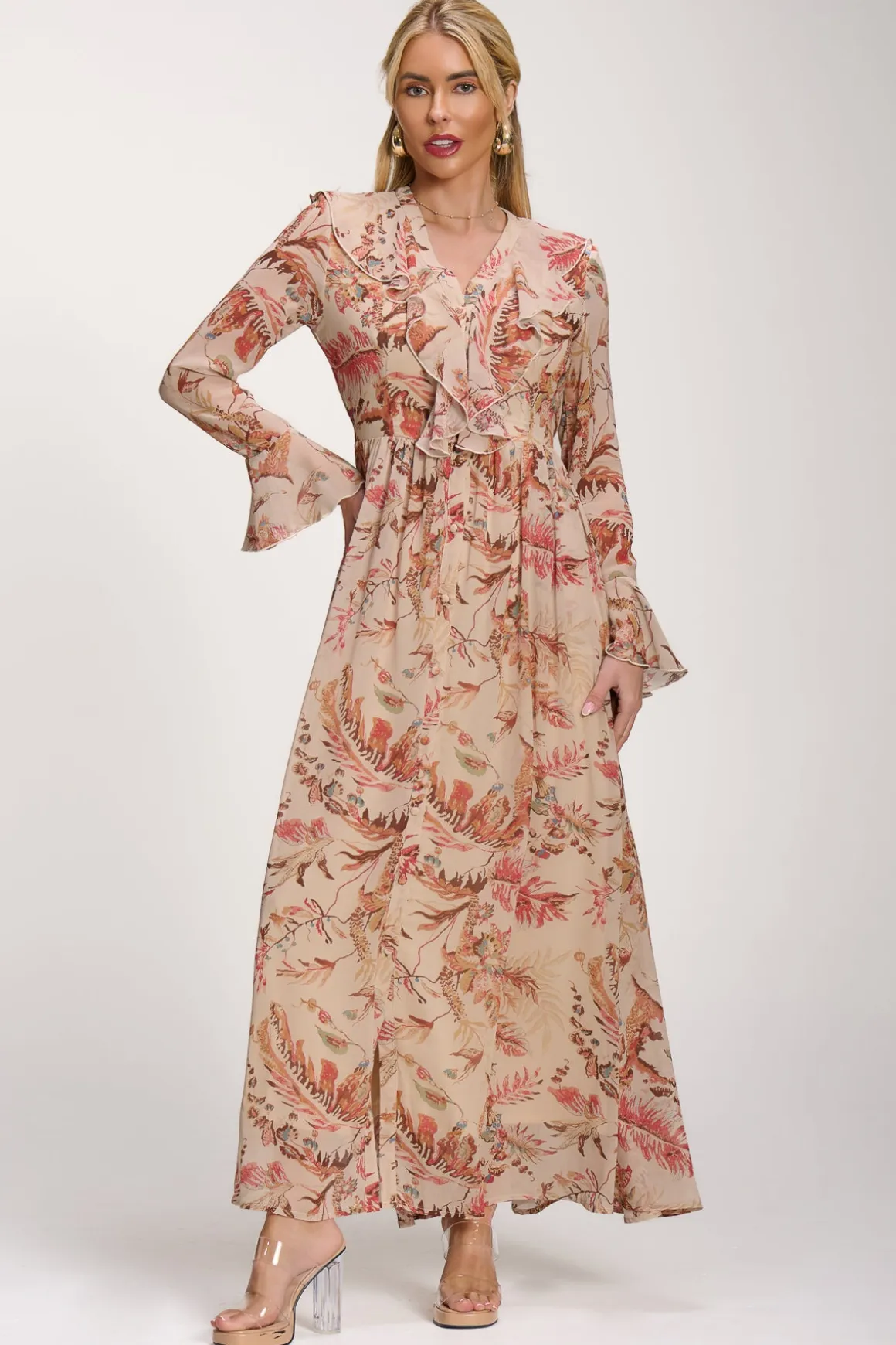 Long Sleeve Chiffon Ruffle Maxi Dress, Orange Multi