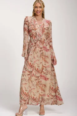 Long Sleeve Chiffon Ruffle Maxi Dress, Orange Multi