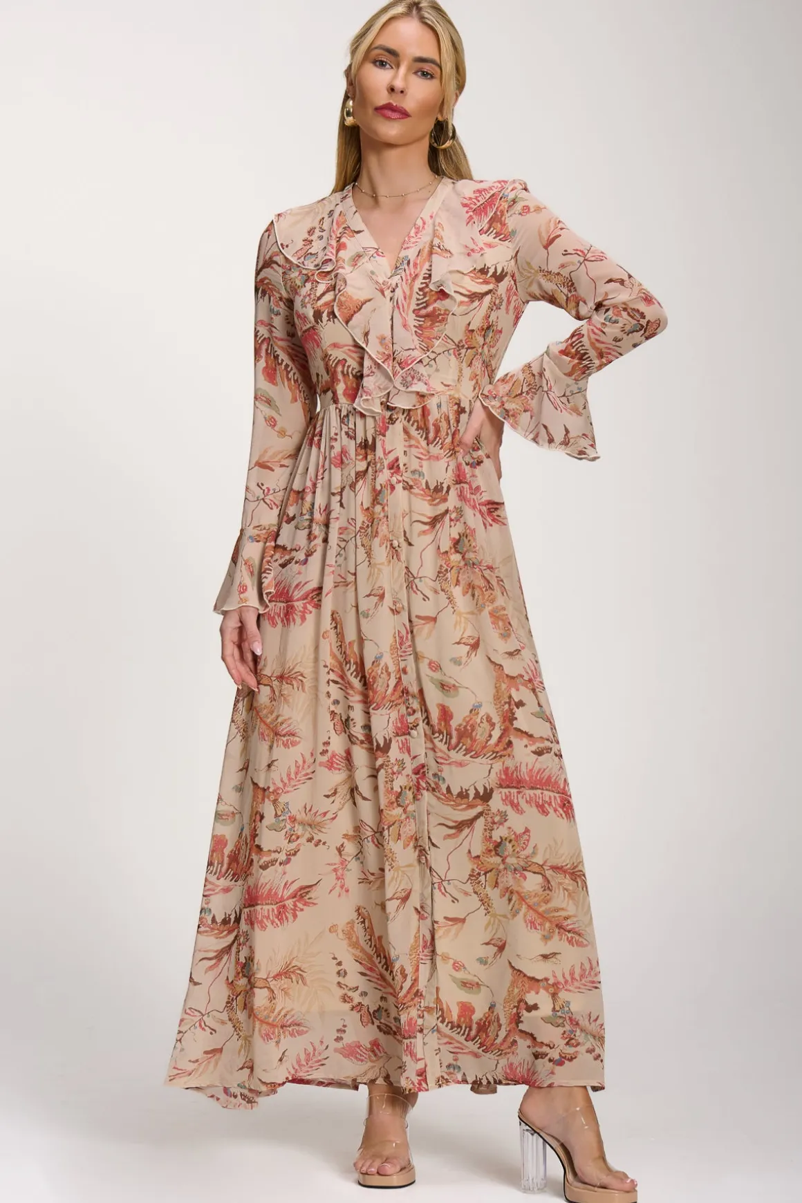 Long Sleeve Chiffon Ruffle Maxi Dress, Orange Multi