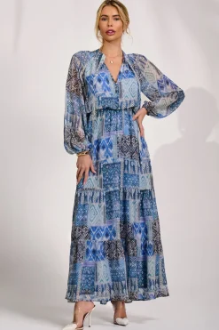 Long Sleeve Chiffon Tiered Maxi Dress, Blue Pattern