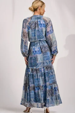 Long Sleeve Chiffon Tiered Maxi Dress, Blue Pattern