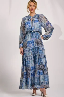 Long Sleeve Chiffon Tiered Maxi Dress, Blue Pattern