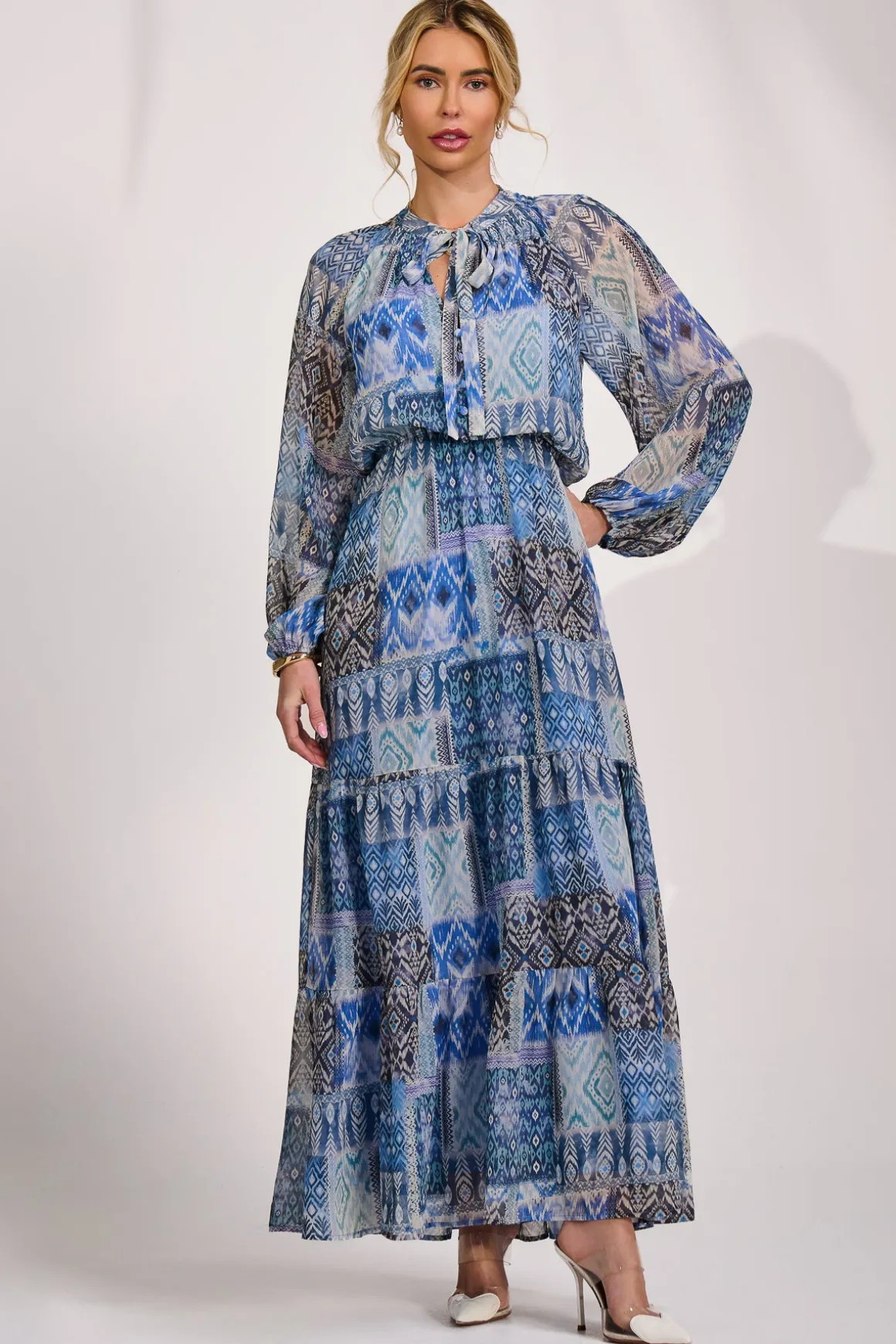 Long Sleeve Chiffon Tiered Maxi Dress, Blue Pattern