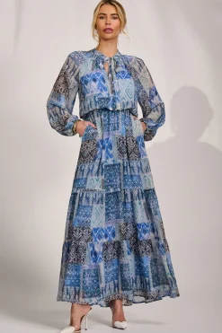 Long Sleeve Chiffon Tiered Maxi Dress, Blue Pattern