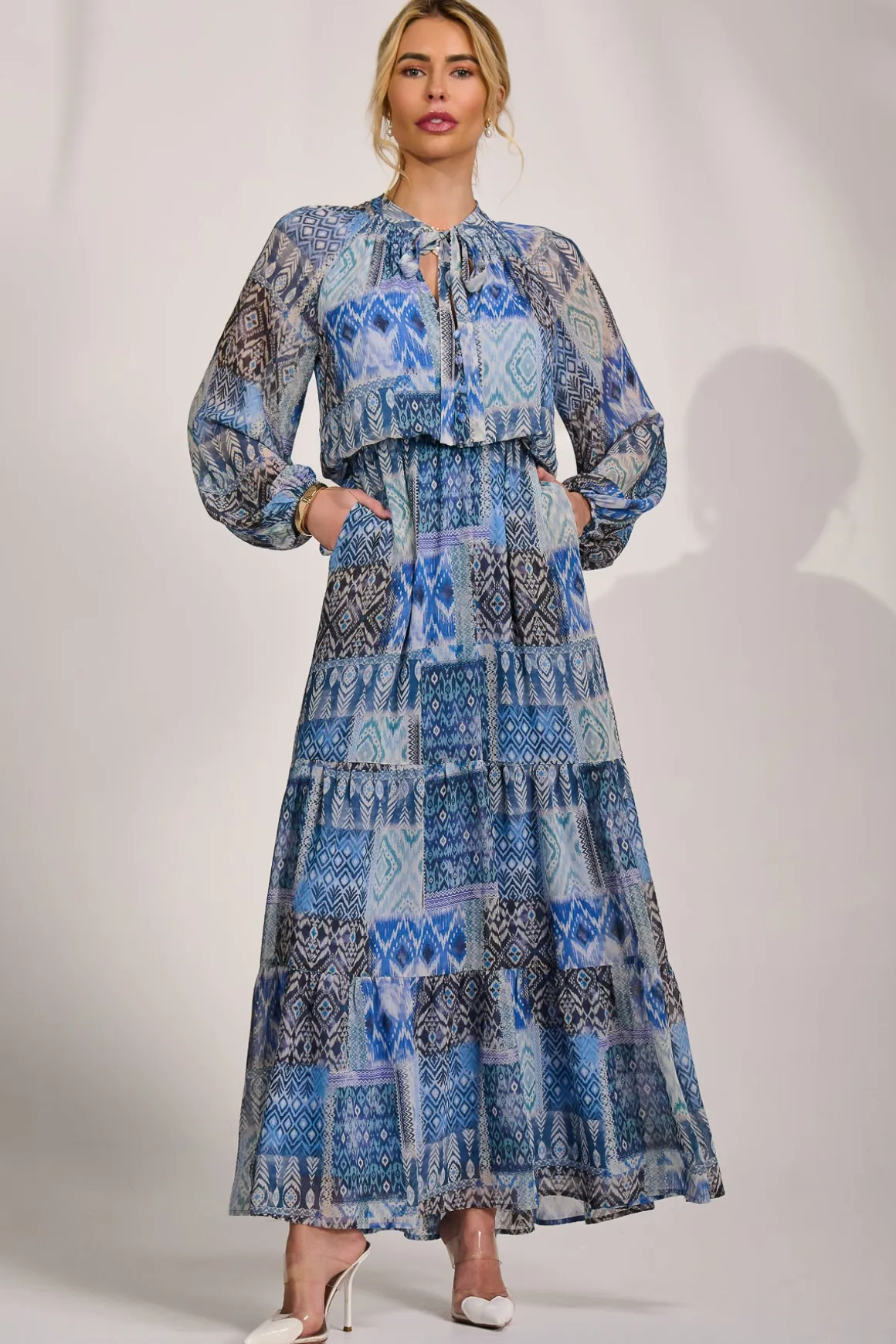 Long Sleeve Chiffon Tiered Maxi Dress, Blue Pattern