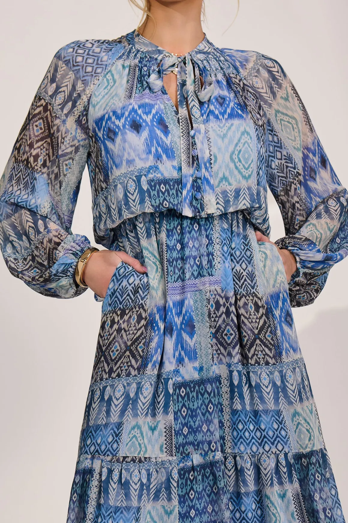 Long Sleeve Chiffon Tiered Maxi Dress, Blue Pattern