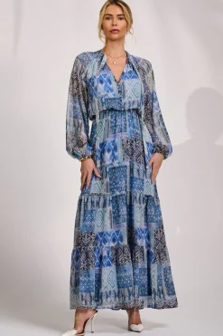 Long Sleeve Chiffon Tiered Maxi Dress, Blue Pattern
