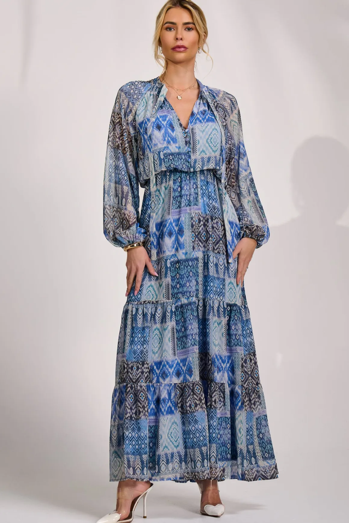 Long Sleeve Chiffon Tiered Maxi Dress, Blue Pattern