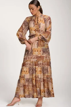 Long Sleeve Chiffon Tiered Maxi Dress, Orange Pattern