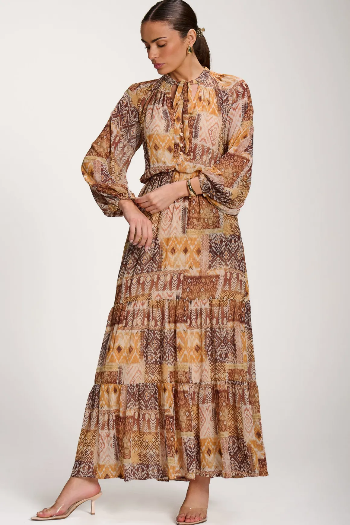 Long Sleeve Chiffon Tiered Maxi Dress, Orange Pattern