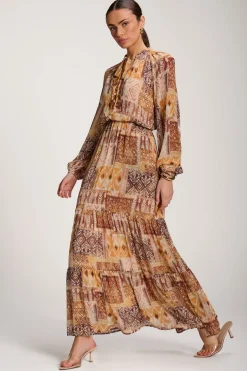 Long Sleeve Chiffon Tiered Maxi Dress, Orange Pattern
