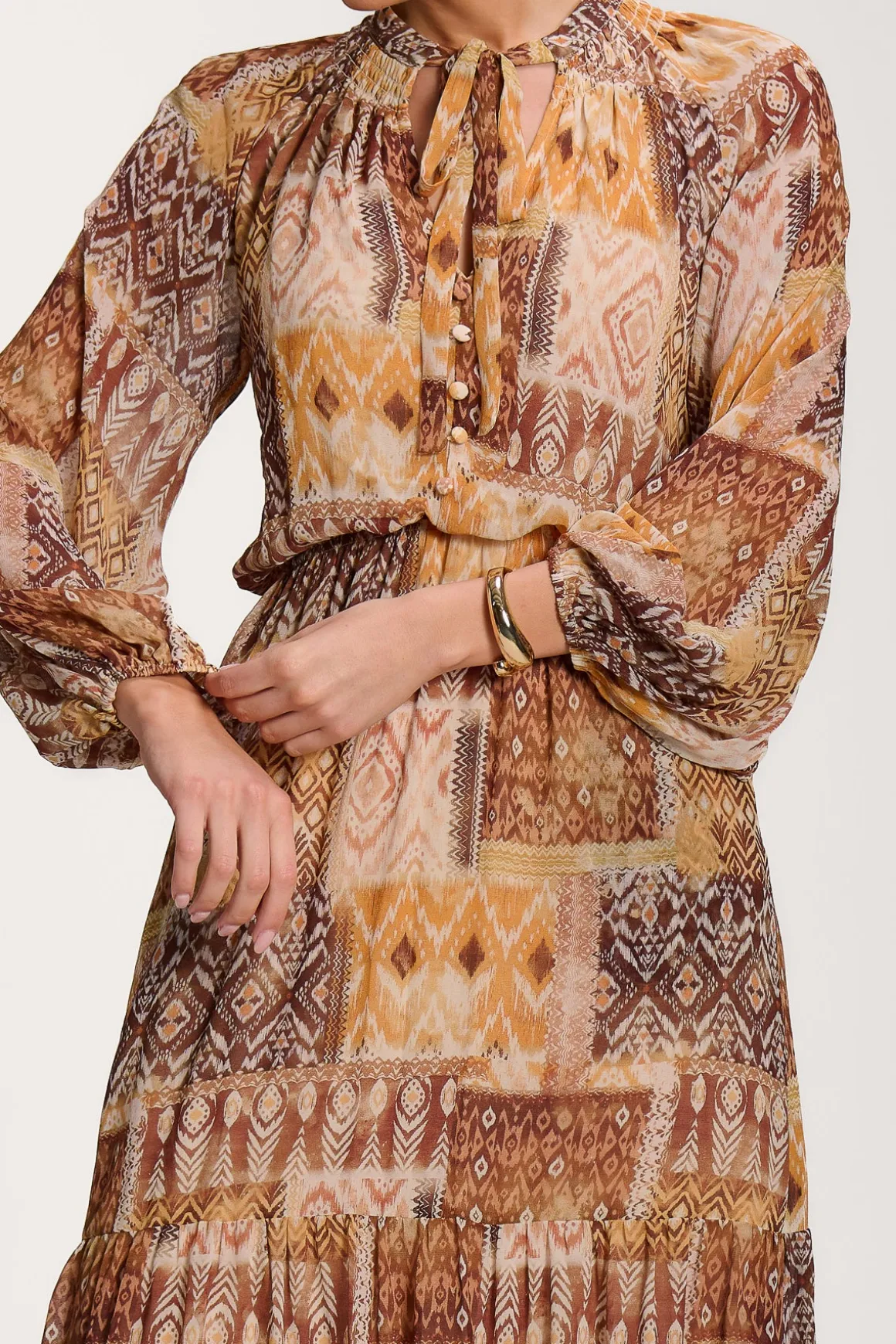 Long Sleeve Chiffon Tiered Maxi Dress, Orange Pattern