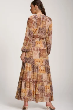 Long Sleeve Chiffon Tiered Maxi Dress, Orange Pattern