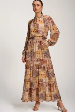 Long Sleeve Chiffon Tiered Maxi Dress, Orange Pattern