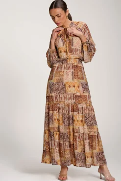 Long Sleeve Chiffon Tiered Maxi Dress, Orange Pattern