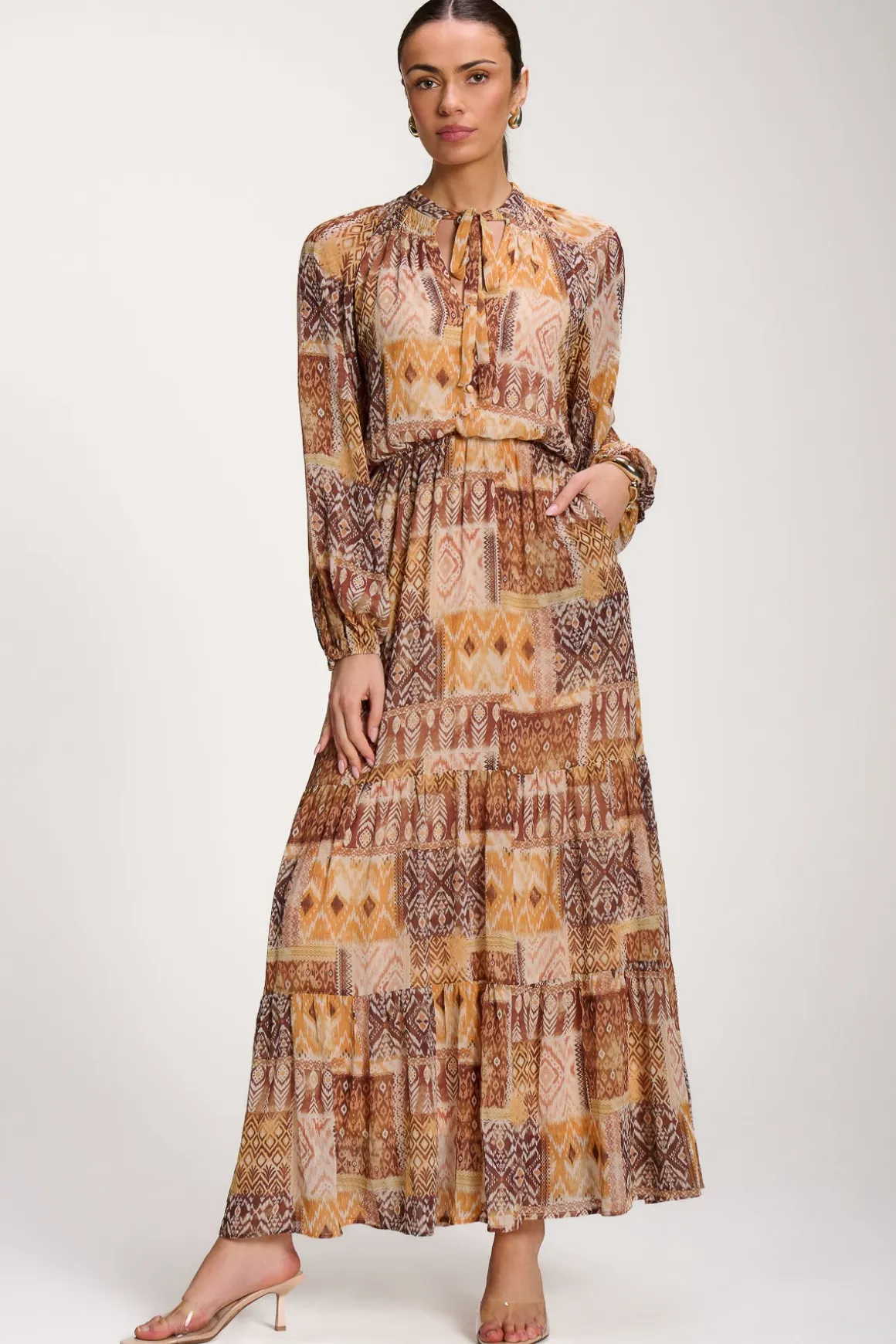 Long Sleeve Chiffon Tiered Maxi Dress, Orange Pattern