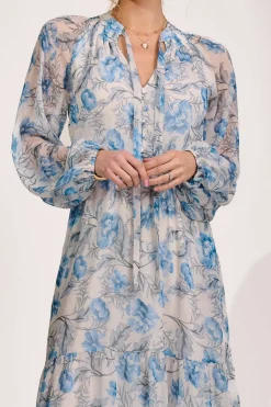Long Sleeve Chiffon Tiered Maxi Dress, White Floral