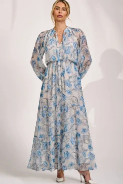Long Sleeve Chiffon Tiered Maxi Dress, White Floral