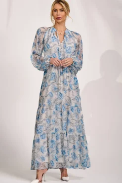 Long Sleeve Chiffon Tiered Maxi Dress, White Floral