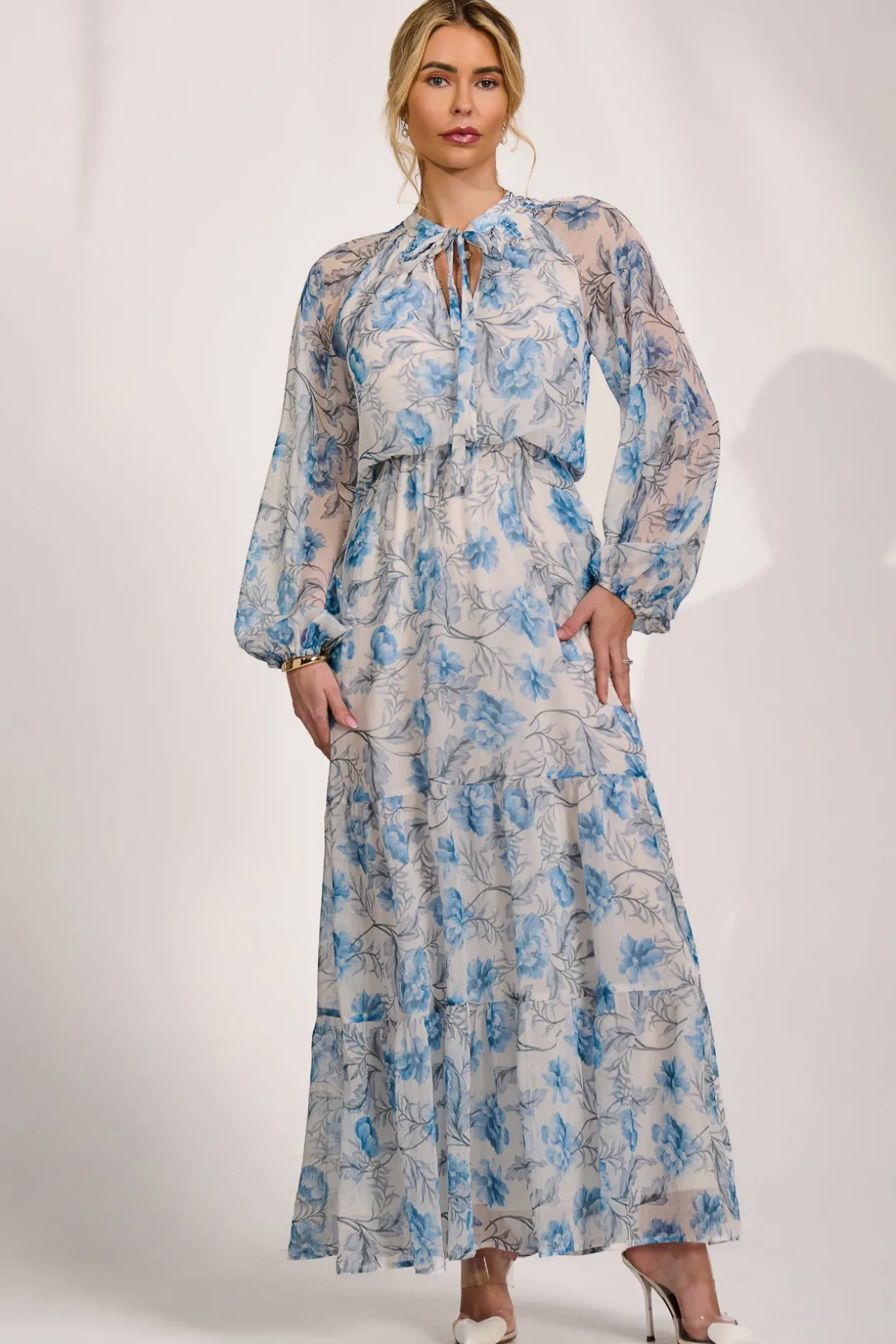 Long Sleeve Chiffon Tiered Maxi Dress, White Floral