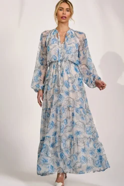 Long Sleeve Chiffon Tiered Maxi Dress, White Floral
