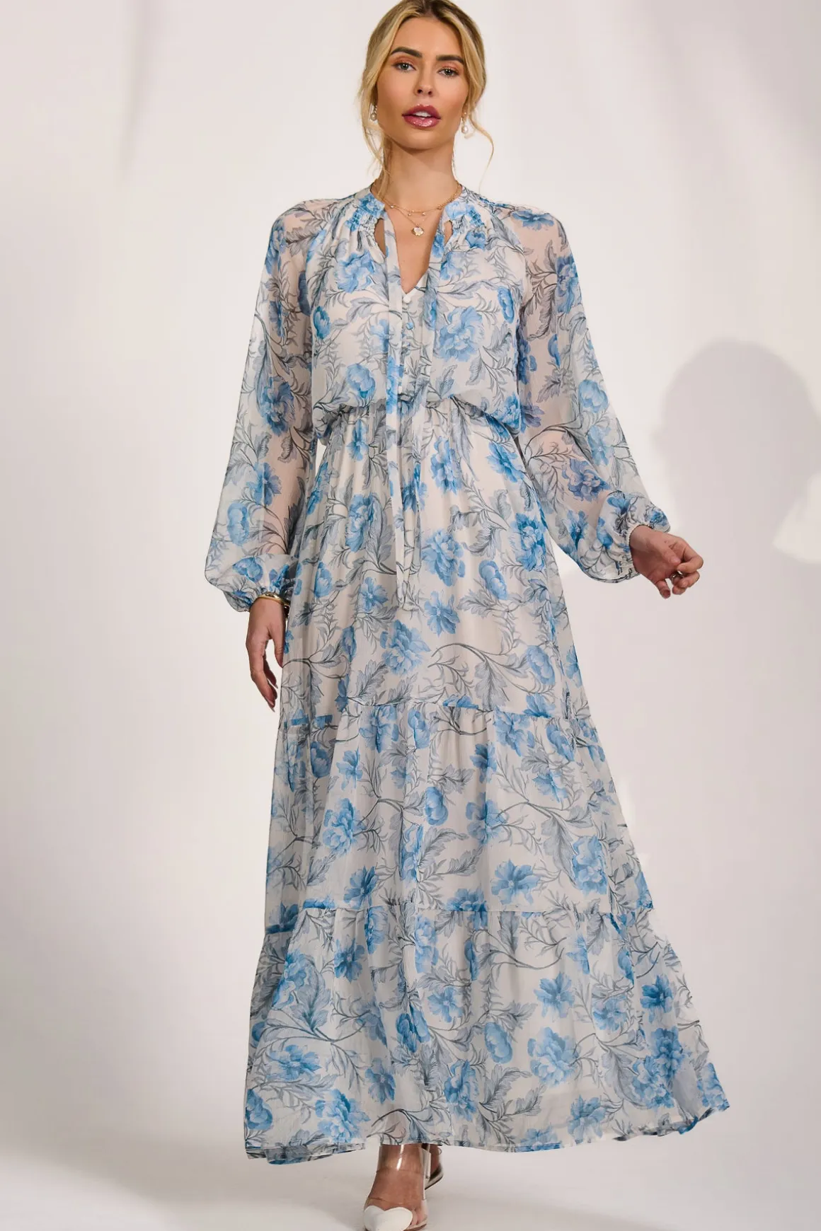 Long Sleeve Chiffon Tiered Maxi Dress, White Floral