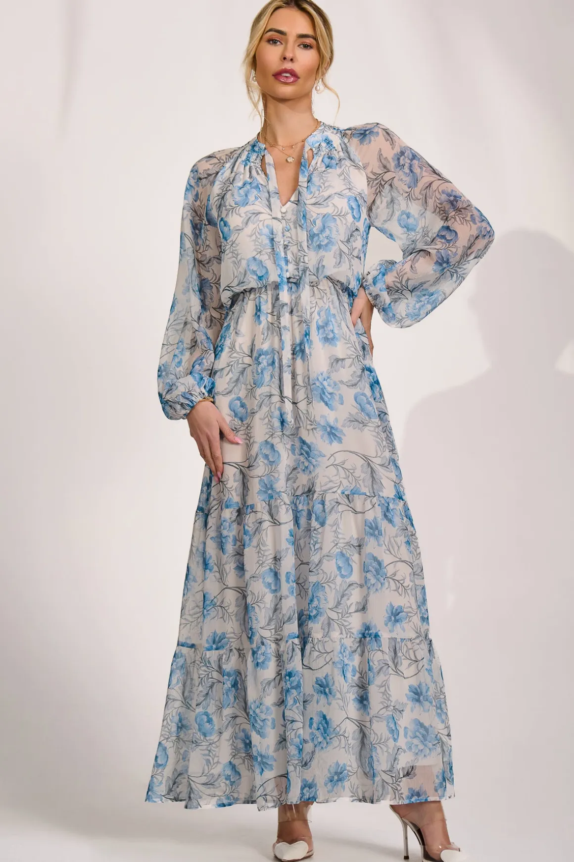 Long Sleeve Chiffon Tiered Maxi Dress, White Floral